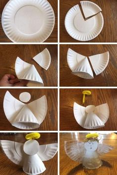 the steps to make paper plate angel craft for kids with scissors and glue on them