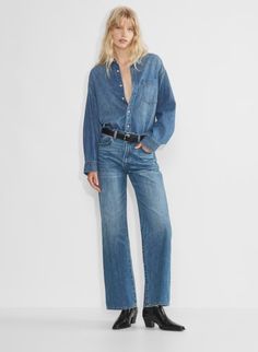 THE '80S COMFY DENIM SHIRT | Aritzia Denim Forum Jeans, Classic Denim Shirt, Denim Button Up Outfit, Aritzia Basics, Trench Coat And Jeans, Copenhagen Outfits, Denim Shirt Outfits, Denim Shirt Women, Style Themes