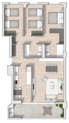 two bedroom apartment floor plan with kitchen and living room in the center, dining area