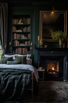 a bedroom with a fireplace and bookshelf in the corner, next to a bed