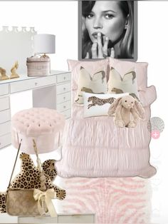 a bedroom with white furniture and pink accessories on the bed, along with a cheetah stuffed animal