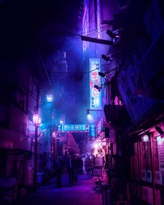 an alleyway at night with neon lights and people walking on the sidewalk in the dark