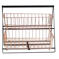 two metal baskets are stacked on top of each other, one is pink and the other is black