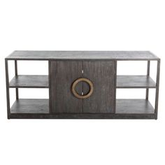 an entertainment center with two shelves and a door on the front, in grey wood