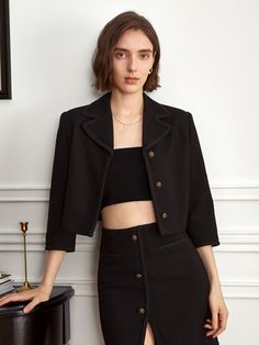 Editor's Notesyyiam curates feminine and classic daily outfits that suit well to modern women.- Crop jacket design- Made of tweed fabric- Button-down design- Vintage gold buttons- Feminine and sophisticated mood Measurements(in.)[S / M]- Length: 16.93 in. / 17.32 in. - Shoulder Length: 16.93 in. / 17.32 in. - Waistline: 31.89 in. / 33.46 in.- Bust: 38.16 in. / 39.76 in.- Sleeve Length: 18.90 in. / 19.29 in.* Model info: Size S / Height 5' 7 Composition & Care- Material: 78% Polyester, 20% Cotton, 2% Nylon- Light hand wash or dry cleaning recommended Designer- by yyiam Elegant Tweed Cropped Jacket For Work, Elegant Fitted Tweed Jacket, Chic Tweed Jacket With Buttons For Office, Elegant Tweed Jacket For Office With Buttons, Fitted Elegant Tweed Jacket, Chic Tweed Blazer With Buttons, Office Tweed Jacket With Buttons, Tweed Blazer With Buttons For Workwear, Office Button-up Tweed Blazer