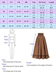 women's pleated skirt size chart with measurements for the bottom and waistline