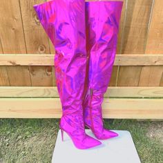 New, Never Worn Cape Robbin Hot Pink Glossy Metallic Thigh High Boots Pointy Toe 5" (Approx) Stiletto Heels Inside Zipper For Easy On & Off Definitely Will Turn Heads Measurement Are On A Size 7 (Increase As Size Goes Up) Monitor Settings May Vary Pink Boots For Night Out During Party Season, Fitted Thigh High Party Heels, Pink Heeled Party Boots, Glamorous Fitted High Heel Knee-high Boots, Trendy Pink Heeled Boots For Party, Pink Fitted Heeled Boots For Party, Fitted Pink Heeled Boots For Party, Pink High Heel Club Boots, Pink High Heeled Knee-high Boots For Party