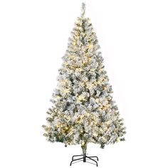 a white christmas tree with lights and snow on the top is shown in front of a white background