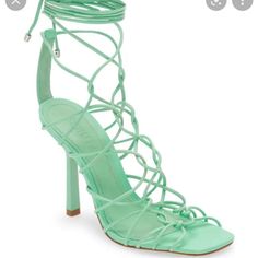 New Never Worn Green Sandals With 4-inch Heel For Summer, Spring Lace-up Sandals With Heel Strap And Pointed Toe, Spring Formal Lace-up Sandals With 4-inch Heel, Spring High Heel Sandals With Wrapped Heel, Spring Evening Lace-up Sandals With 4-inch Heel, Spring Evening Lace-up Pointed Toe Sandals, Chic Green High Heel Lace-up Sandals, Pointed Toe Lace-up Sandals For Spring Evening, Evening Lace-up Pointed Toe Sandals For Spring