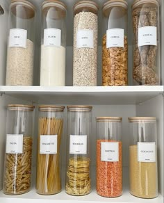 an organized pantry filled with lots of different types of cereals and rice flakes