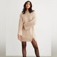 Dynamite Knit Turtleneck Sweater Dress Sweater Dress With Loafers, Sweater Dress Tall Boots, Holiday Sweater Dress, Beige Knit Dress Outfit, Tan Sweater Dress Outfit, Beige Sweater Dress Outfit, Sweater Dress With Ankle Boots, Turtleneck Sweater Dress Outfit, Dress With Tights Outfit