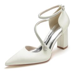 a pair of women's white high heeled shoes with crystal embellishments