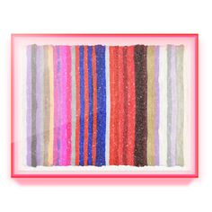 an abstract painting with multicolored stripes in a pink frame on a white background