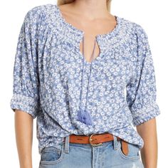 New Lucky Brand Top With Flowers Can Be Worn On Or Off The Shoulders Is 3/4 Sleeve With Elastic Cuffs. 100% Cotton White Green, Tunic Top, Lucky Brand, Smocking, Off The Shoulder, Blue White, Tunic Tops, Top Blouse, Blue And White