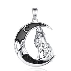 Experience the strength & beauty of the Celtic wolf necklace – crafted with sterling silver for a totally hypoallergenic design that keeps you in good health for the long haul! Accented with black zircon moons, you'll enjoy a timeless look you can wear any day. 🐺🌙 Material: 925 Sterling Silver Finishing: High Polish; Pendant Size :24.6mm*36.6mm；Weight:6.41g; Chain size: 18inch ( 46cm) or 20 inch (51cm) Package: Package Included (To Choose one of 3 Different Sets) 1. 1x Only Pendant+1x Silver C Black Wolf Design Jewelry For Gift, Symbolic Black Necklace With Moon Charm, Black Symbolic Moon Phase Necklace, Silver Wolf Design Symbolic Jewelry, Symbolic Silver Wolf Design Jewelry, Silver Symbolic Wolf Design Jewelry, Sterling Silver Wolf Design Jewelry, Symbolic Black Crescent Jewelry, Black Symbolic Jewelry With Moon Charm