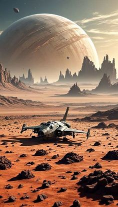 an artist's rendering of a space station in the desert with mountains and planets