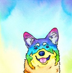 a painting of a dog with blue, yellow and green colors