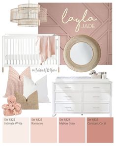 a baby's room with pink and white accents