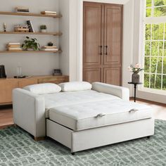 a living room scene with focus on the white couch and storage unit in the background