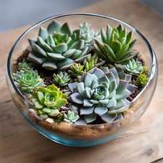 a glass bowl filled with lots of succulents on top of a wooden table