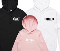 These matching embroidered adult and kids hoodie sets can be personalised with your own text and year. Please see charts for different colours available for the hoodies. The hoodies are a regular fit unisex/mens style. Each one is machine embroidered with love by me here in Australia! Available in standard Australian unisex/mens sizing, please see final photo for adult hoodie sizing. If you'd like a size that is not currently listed available please send me a message and I can try to source some Matching Family Sweatshirts, Team Sweatshirts, Kids Garments, Matching Hoodies, Matching Sweatshirts, Hoodie Set, Sweatshirt Set, Family Set, Personalized Hoodies