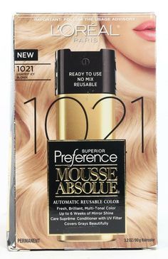 L'Oreal Paris Superior Preference Mousse Absolue 1021 Lightest Icy Blonde I box ALL hair color =) Paris Hair Color, Icy Blonde Hair Color, Light Golden Blonde, Paris Hair, Icy Blonde Hair, Light Golden Brown, Icy Blonde, Hair Color For Women, Shades Of Blonde