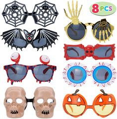 halloween sunglasses and accessories are shown in this image