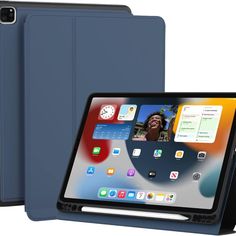 an ipad case is shown with the cover open to show it's front and back sides