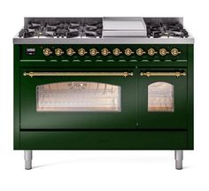 ILVE Nostalgie II 48 Dual Fuel Natural Gas Range, Emerald Green, Brass Trim ILVE UP48FNMPEGG - Farmhouse Kitchen and Bath Freestanding Double Oven, Ilve Range, Double Oven Range, Freestanding Range, Electric Double Oven, Induction Range, Dual Fuel Ranges, Cool Doors, Range Cooker