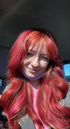 Pink Over Red Hair, Redhead With Pink Highlights, Red With Pink Hair, Auburn Hair With Pink Highlights, Ginger Hair With Purple, Ginger Hair Pink Highlights, Red To Pink Hair, Pink Hair With Fringe