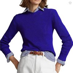 Nwt!! Brand New Ralph Lauren Crewneck Sweaters Ralph Lauren Blue Winter Tops, Fitted Blue Sweater With Ribbed Collar, Ralph Lauren Blue Winter Sweater, Blue Ralph Lauren Winter Sweater, Fitted Blue Sweater With Ribbed Cuffs, Blue Sweater With Ribbed Collar For Work, Preppy Blue Top For Work, Casual Blue Ralph Lauren Sweater, Blue Long Sleeve Ralph Lauren Sweater