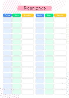 a printable planner with the words reunions in different colors and font on it