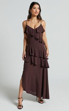 Emily Midi Dress - Strappy Asymmetric Ruffle Dress in Chocolate Asymmetric Ruffle Dress, Basic Black Dress, Bachelorette Dress, Neon Outfits, Spring Maxi Dress, Navy Bridesmaid Dresses, Spring Capsule Wardrobe, Long Sleeve Knit Dress, Strapless Tops