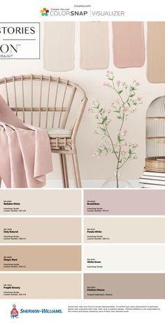 the interior color scheme is shown in shades of pink, beige and white with an image of a birdcage