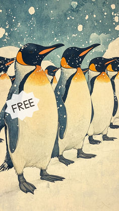 a group of penguins standing next to each other in the snow with a free sign