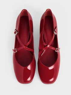 Red Patent Crossover-Strap Block-Heel Mary Janes - CHARLES & KEITH US Feminine Shoes, Charles Keith, Mary Jane Heels, Low Block Heels, Shoe Style, Trending Shoes, Crossover, Mary Janes, Block Heels