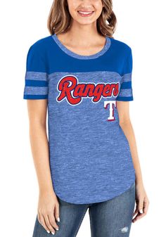 New Era Texas Rangers Womens Raglan T-Shirt - Blue Varsity Blue T-shirt With Text Print, Blue Varsity T-shirt With Text Print, College Team Spirit Tops For Spring, Varsity Tops With Text Print, Collegiate Style Text Print Tops For Spring, Collegiate Style Tops With Text Print For Spring, Blue Fan Apparel Tops For Game Day, Collegiate Crew Neck Stretch Top, Collegiate Stretch Crew Neck Top