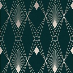 an art deco style wallpaper with white lines and diamonds on green background, in shades of