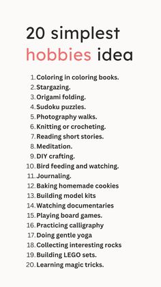 20 delightful hobbies to try! 🌟  Let's find your next favorite pastime! 🎨🌿📚 #Hobbies #SimpleJoys #Lifestyle #Inspiration #Thingstodo #Selfcare Hobby Ideas List, Guide To, Simple Hobbies For Women, Small Hobbies, New Hobbies To Try Aesthetic, Social Hobbies, Feminine Hobbies Aesthetic, Simple Hobbies, Artistic Hobbies