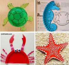 four different sea animals made out of paper plates