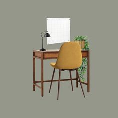 a computer desk with a chair, lamp and potted plant on top of it