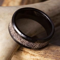 Black Ceramic Ring with Antler Inlay and Beveled Edges-1756 - Jewelry by Johan Ring Armor, Antler Wedding Band, Deer Antler Ring, Meteorite Necklace, Antler Wedding, Jewelry By Johan, Visual Schedules, Antler Ring, Country Rings