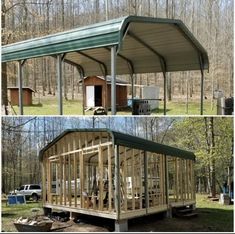 two pictures showing the inside and outside of a building with metal roofing on it