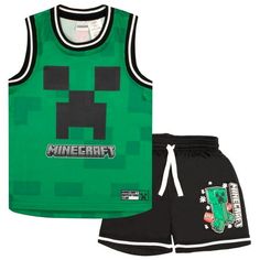 Get your little one active and stylish with this 2-piece basketball outfit set. The sleeveless shirt and shorts are designed for comfort, so your child can play for hours without being uncomfortable. The basketball top features an awesome Creeper design all over. The shorts feature an elastic waistband and drawstring for easy dressing. This 2-piece Minecraft set is available in sizes 4, 5-6, 7, 8, 10, and 12. Whether it's a game of pick-up ball in the backyard or a game of basketball at school, Cotton Sports Set With Shorts, Cotton Sports Sets In Short Style, Cotton Sports Sets For Sports Season, Sporty Cotton Sets For Sports Season, Sporty Moisture-wicking Summer Sets, Playful Sports Cotton Sets, Summer Sportswear Tops For Playwear, Sporty Black Sleeveless Sets, Black Sleeveless Sporty Sets