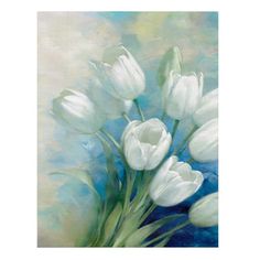 a painting of white tulips on a blue background