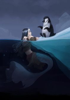 a penguin and a woman are swimming in the ocean with their backs to each other