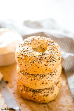 homemade everything bagels stacked on top of each other