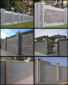 several pictures of different types of brick walls and fences in various stages of being built