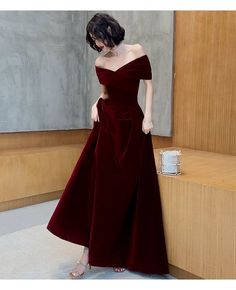 Beautiful Dark Red Velvet Off Shoulder Bridesmaid Dress, A-line Long P – Cutedressy Burgundy A-line Evening Dress For Prom, Fitted Burgundy Dress For Banquet, Sleeveless Burgundy Dress For Banquets, Burgundy Sleeveless Dress For Banquet, Sleeveless Burgundy Dress For Banquet, Holiday Burgundy V-neck Dress, Burgundy Cocktail Dress For Prom Season, Burgundy V-neck Wedding Dress, Winter Prom V-neck Evening Dress