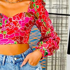 Nwt Floral Cropped Top Tops Shein, Floral Crop Tops, Shein Tops, Cropped Top, Floral Top, Pink Red, Floral Tops, Womens Tops, Crop Tops